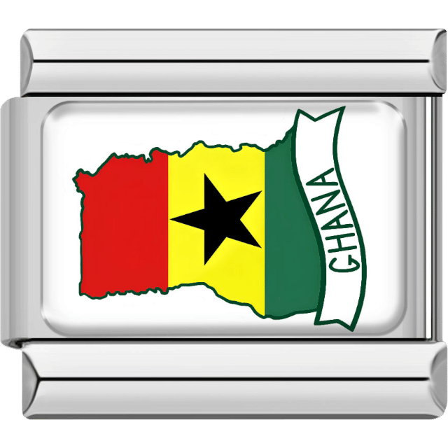 Rectangular Italian charm with a silver border featuring the map of Ghana in red, yellow and green flag stripes with a black star in the center, and a banner labeled “Ghana.”